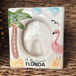 Vtg. 80s Ceramic Novelty Picture Frame Ft. Lauderdale Florida Flamingo Palm Tree